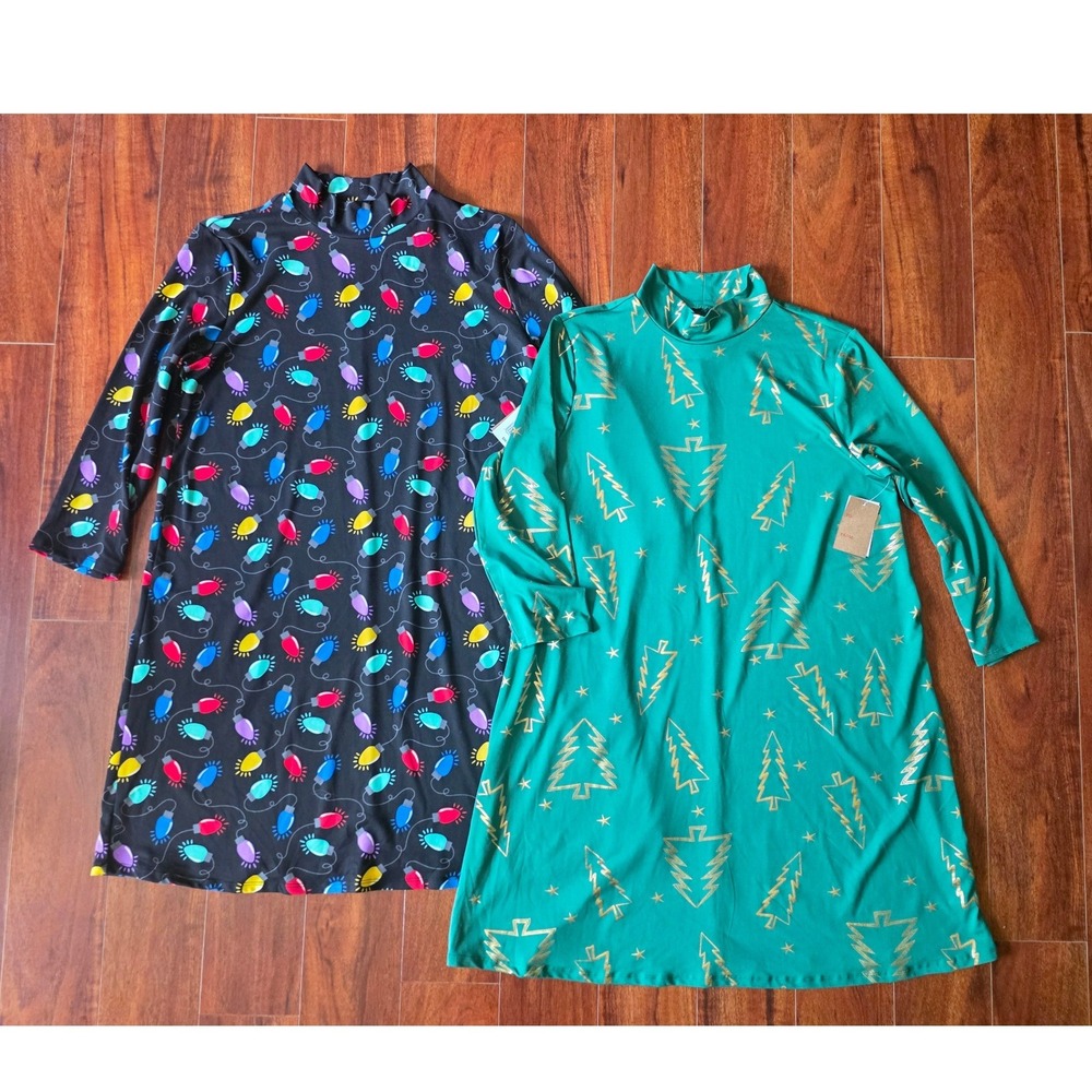 Jollidays Womens Christmas Mock Neck Shift Dress Lot 2 Large Xmas Lights Trees